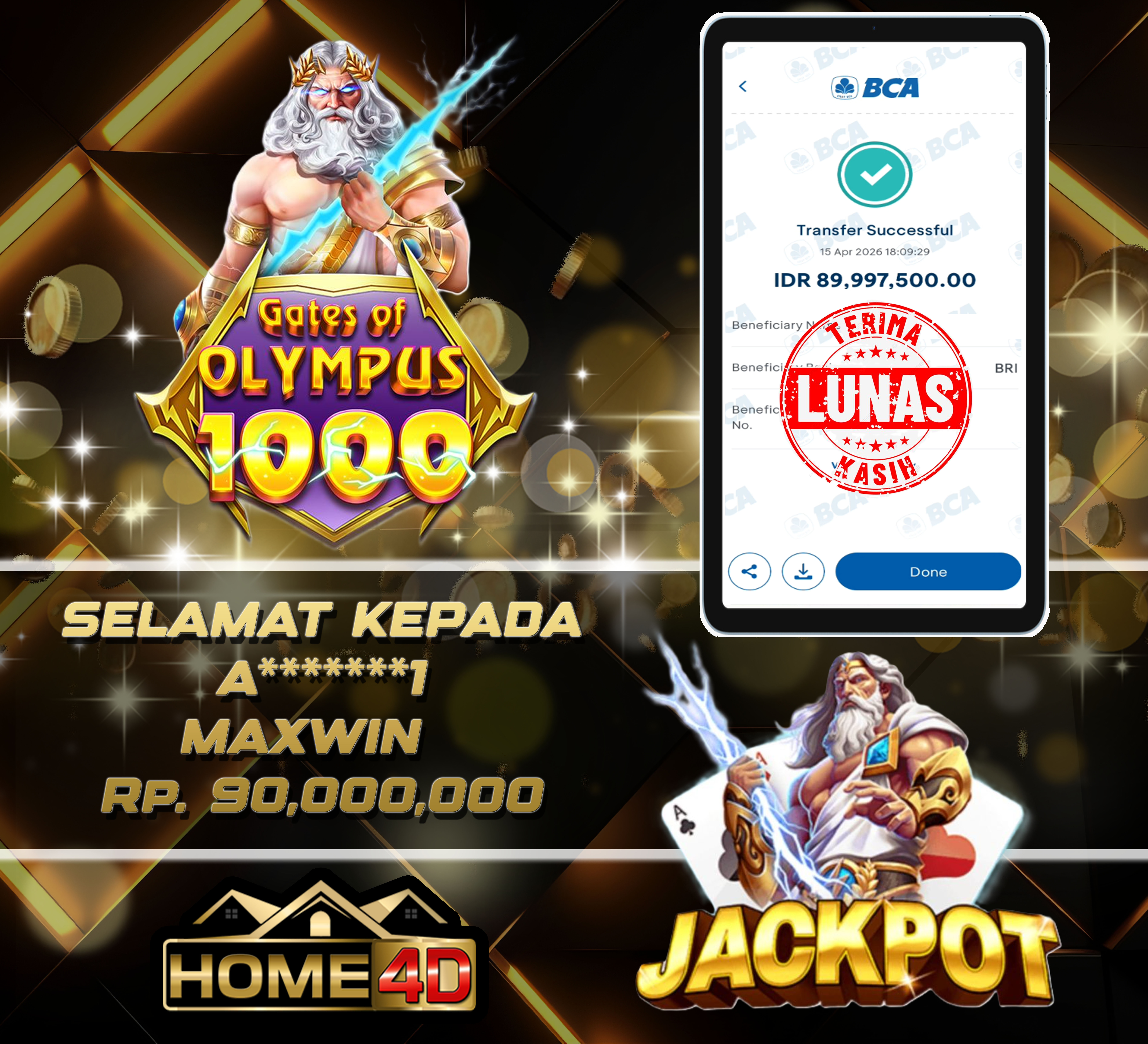 HOME4D JACKPOT Gates of Olympus 1000 Rp. 90,000,000