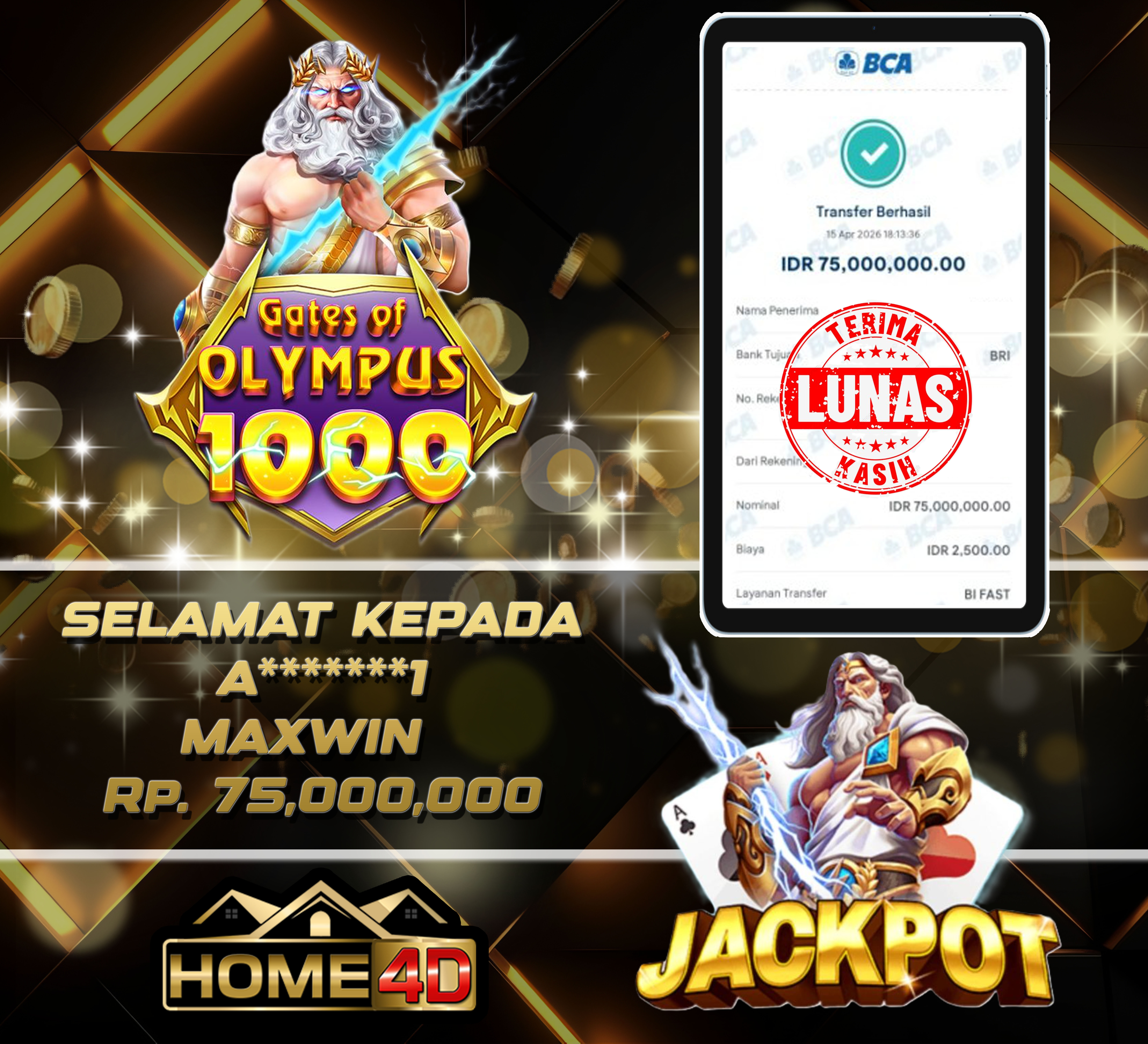 HOME4D JACKPOT Gates of Olympus 1000 Rp. 75,000,000
