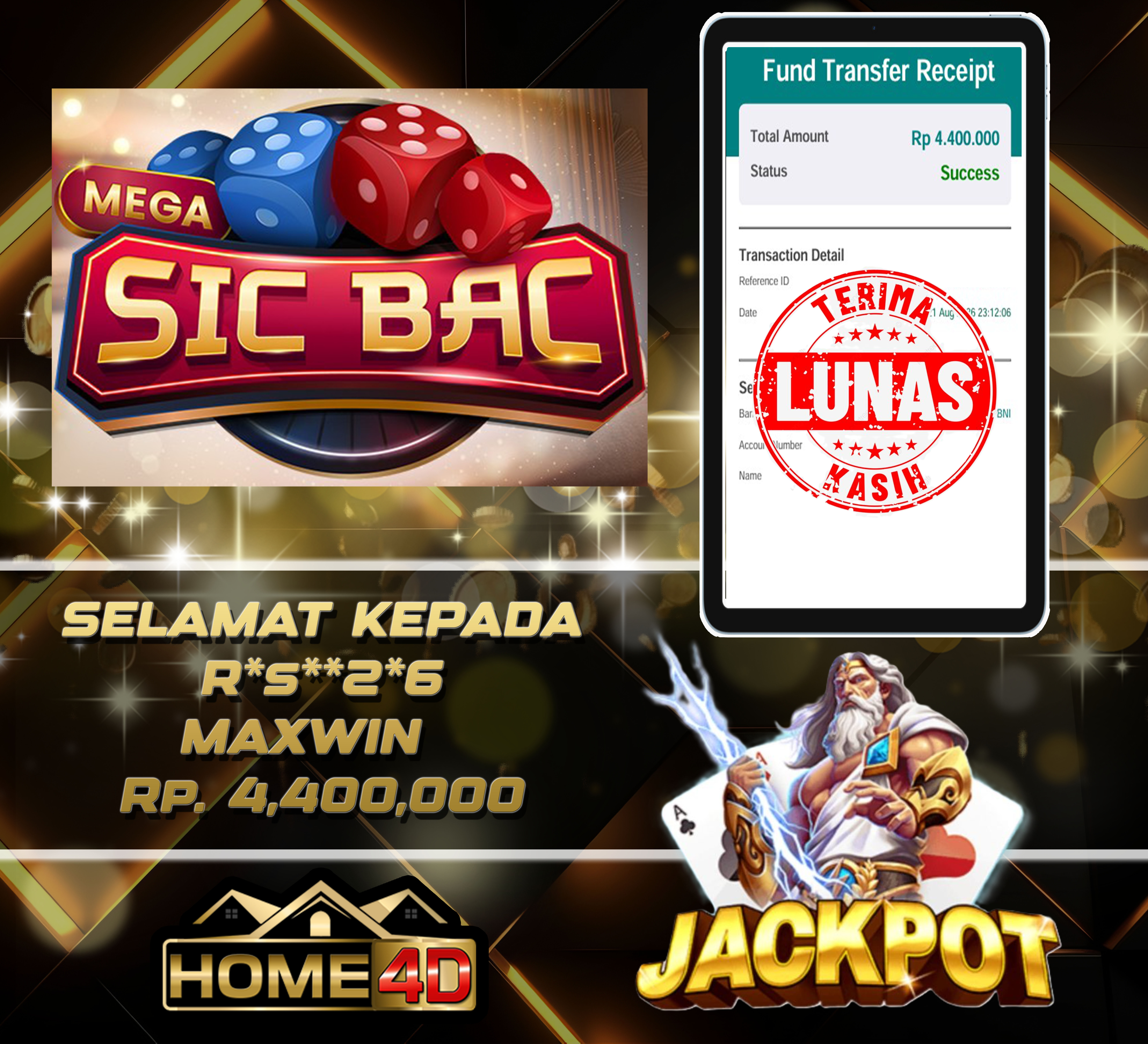 21 Aug 2026, 23:12:14 WIB, HOME4D JACKPOT Live Casino Mega SicBo Rp. 4,400,000