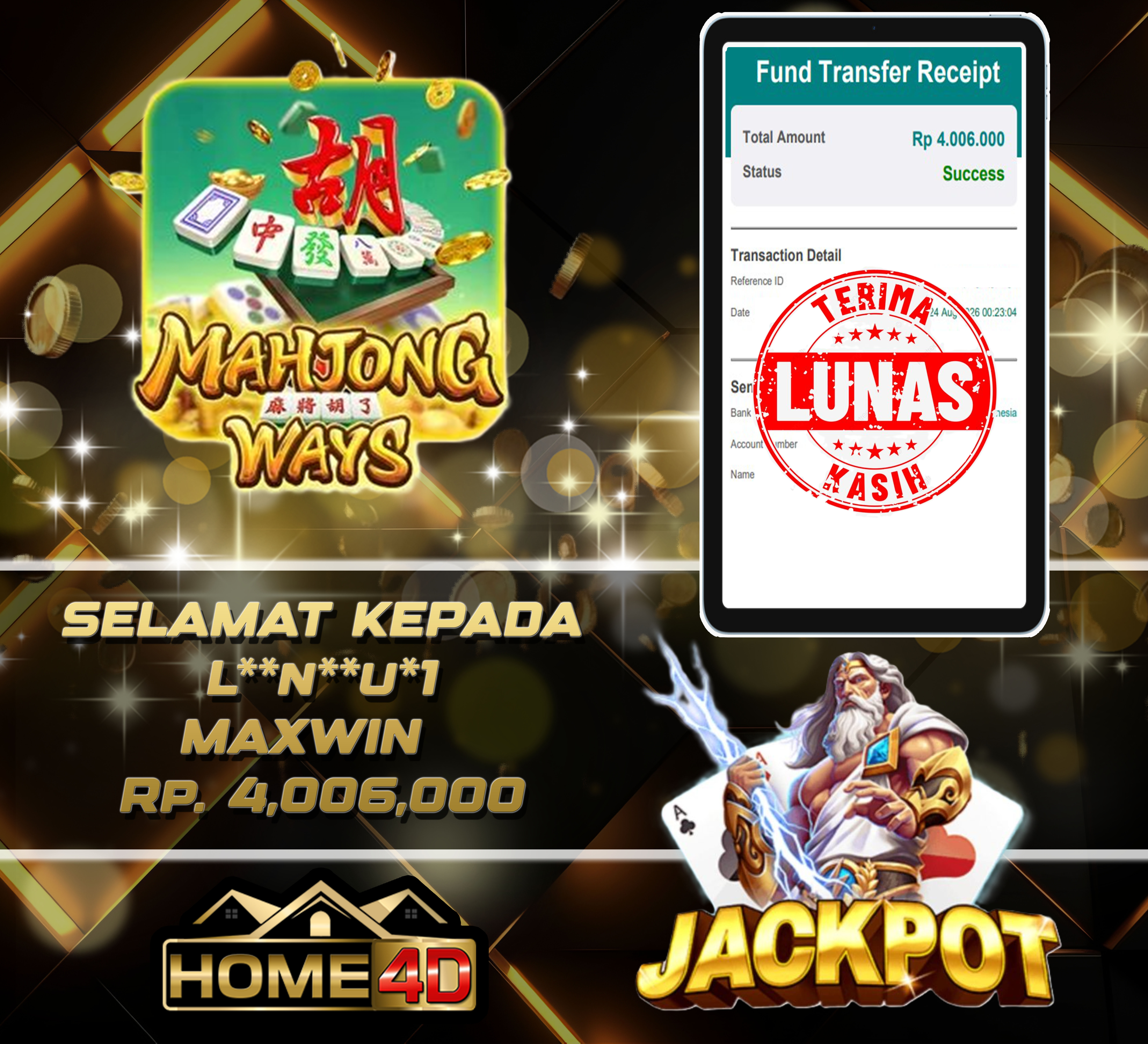24 Aug 2026, 00:23:13 WIB, HOME4D JACKPOT Mahjong Ways Rp. 4,006,000
