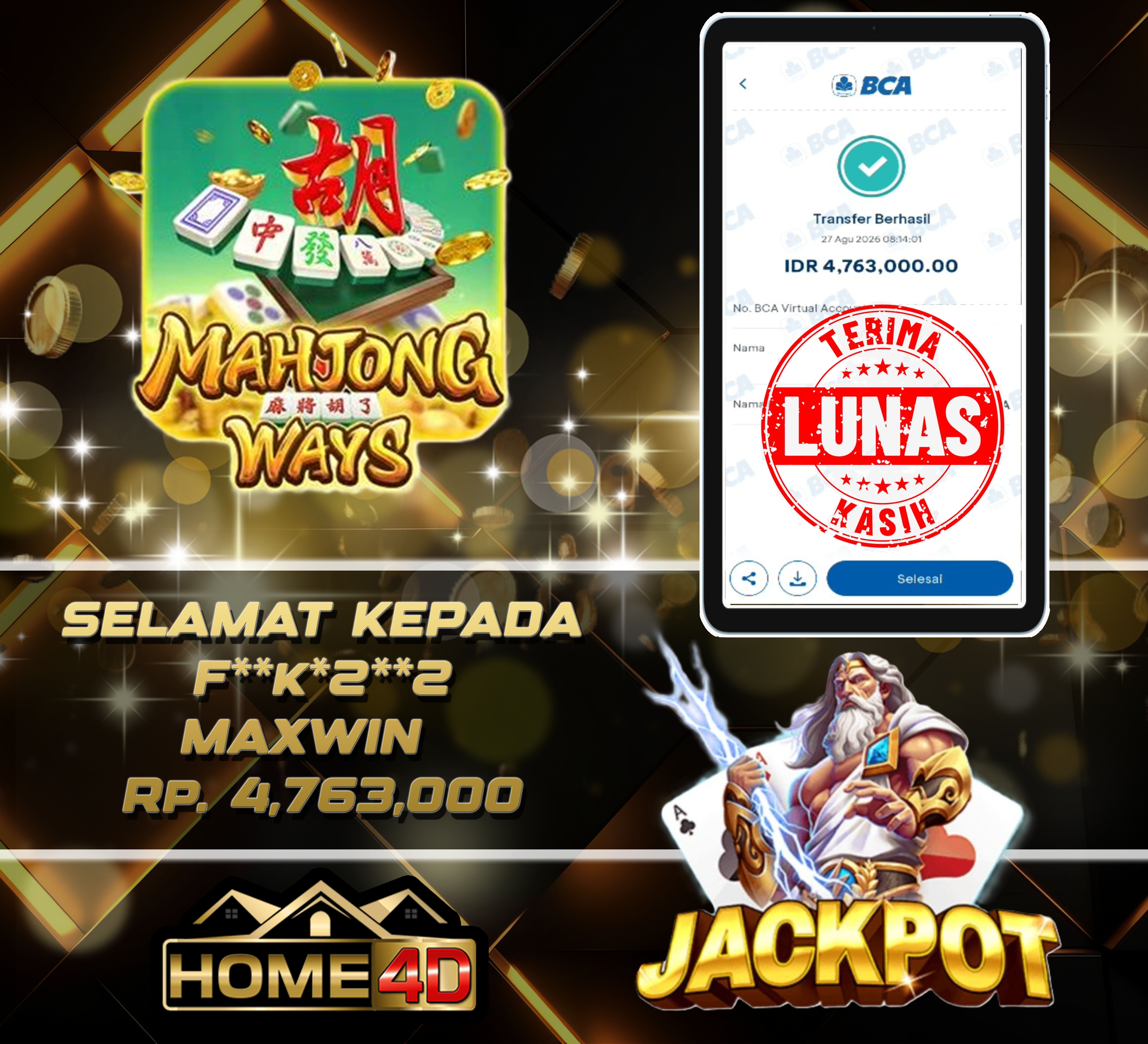 27 Aug 2026 08:14:05 WIB, HOME4D JACKPOT Mahjong Ways Rp. 4,763,000