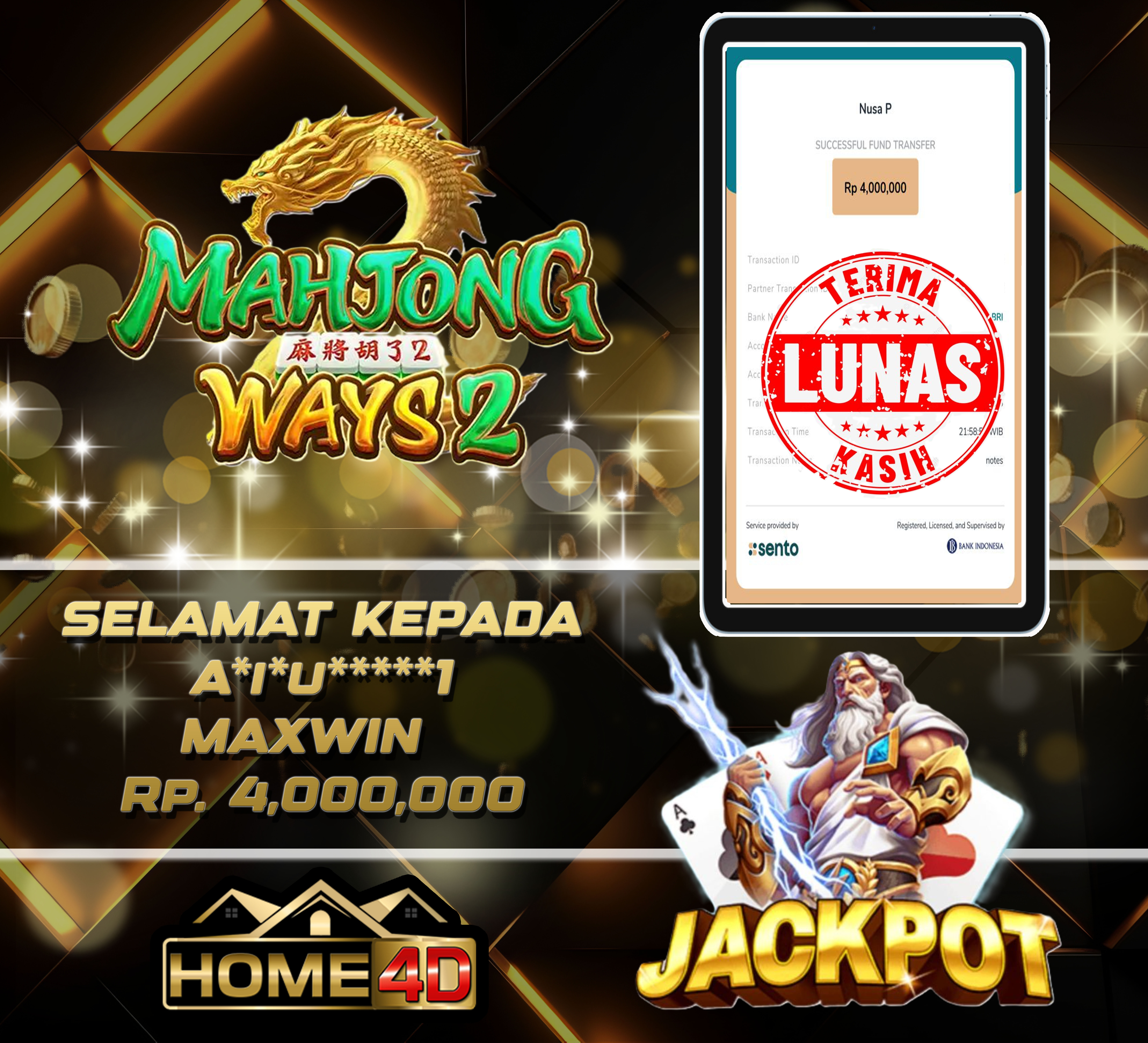 17 Sep 2026 22:12:26 WIB, HOME4D JACKPOT Mahjong Ways 2 Rp. 4,000,000