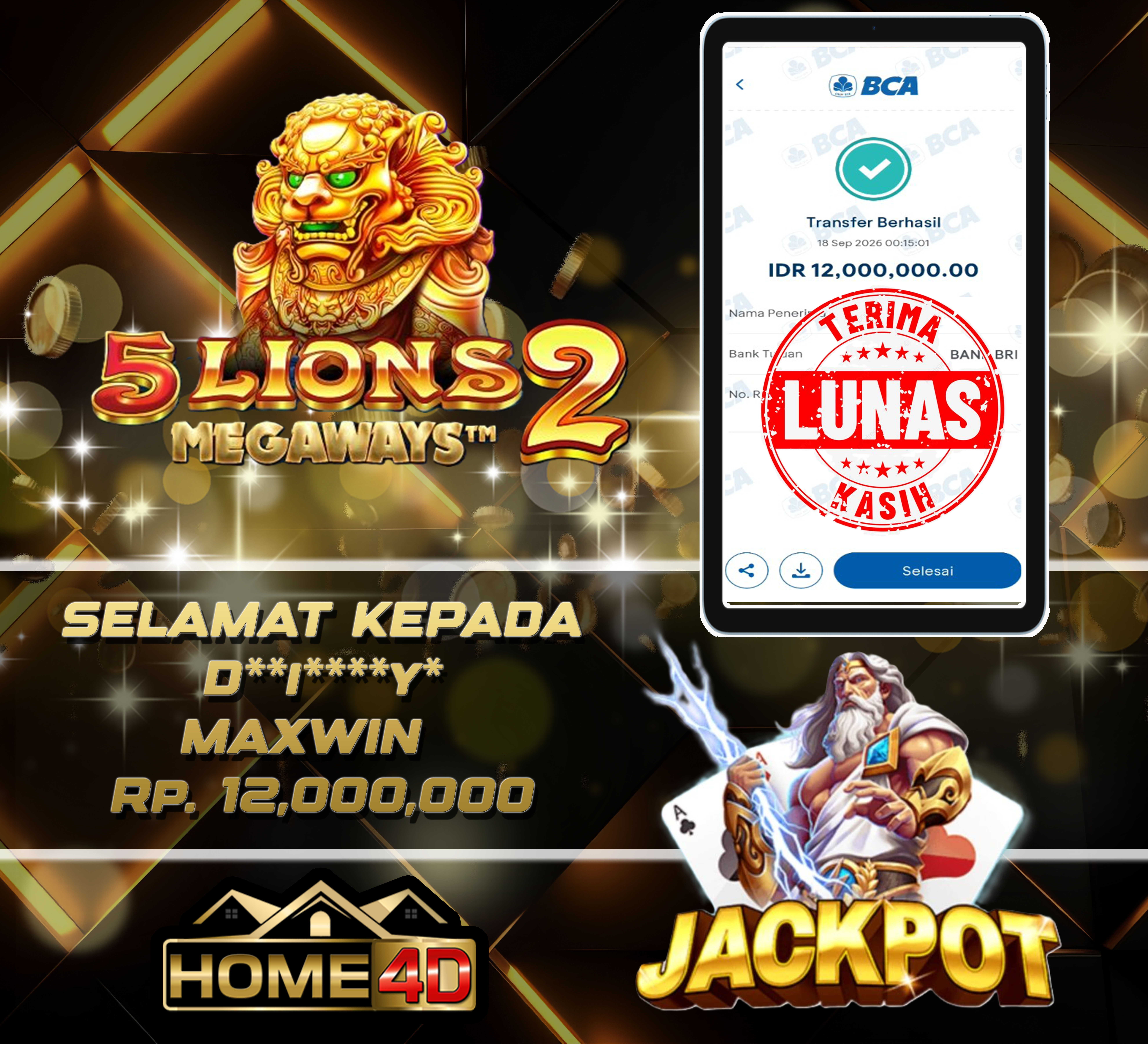 18 Sep 2026 00:15:01 WIB, HOME4D JACKPOT 5 Lions Megaways Rp. 12,000,000