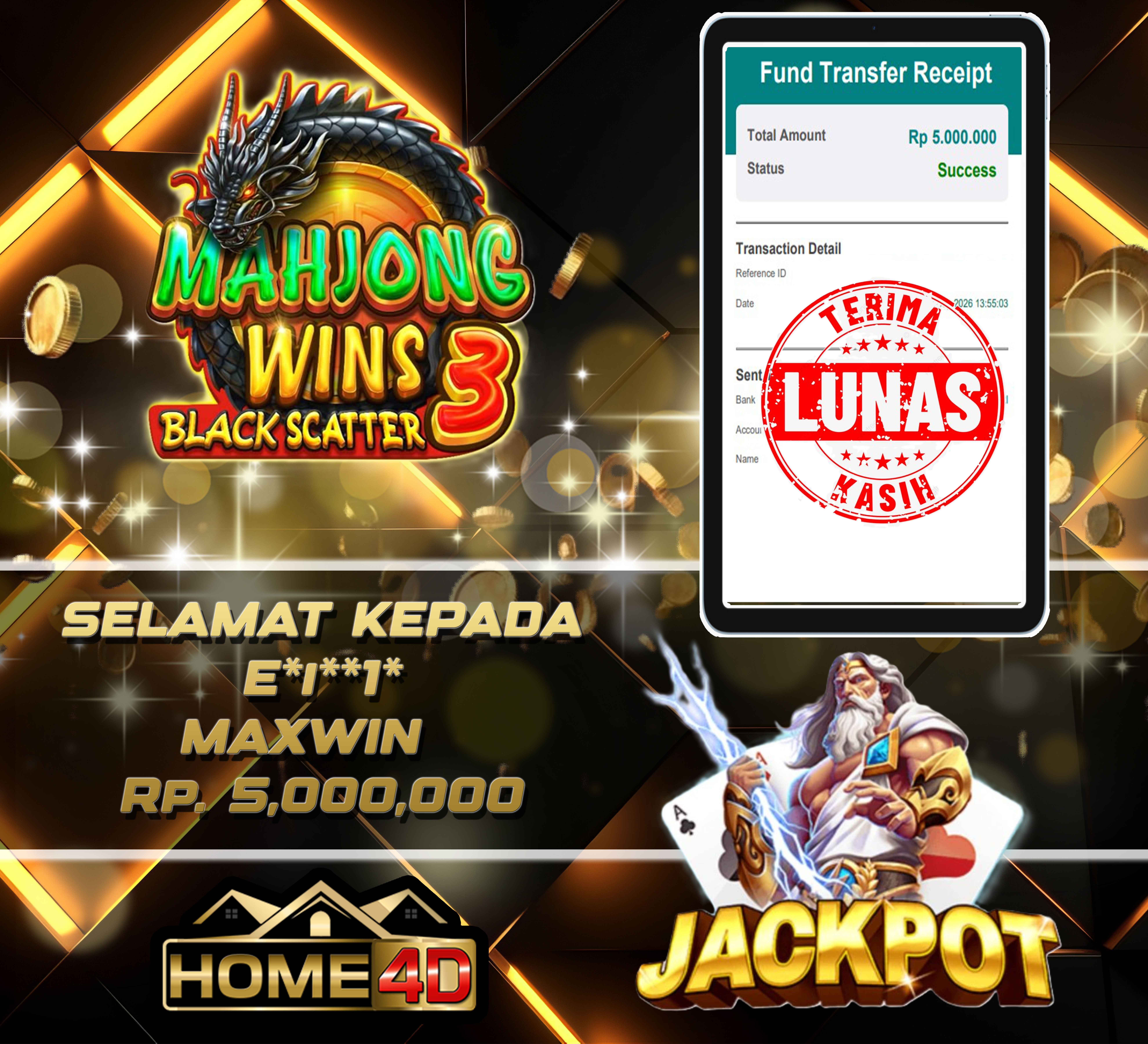 10 Sep 2026 13:55:03 WIB, HOME4D JACKPOT Mahjong Wins 3 - Black Scatter Rp. 5,000,000